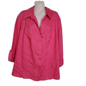 Dressbarn Women Shirt Sz 18/20W Pink Button Up 100% Linen 3/4 Tab Sleeve Pockets